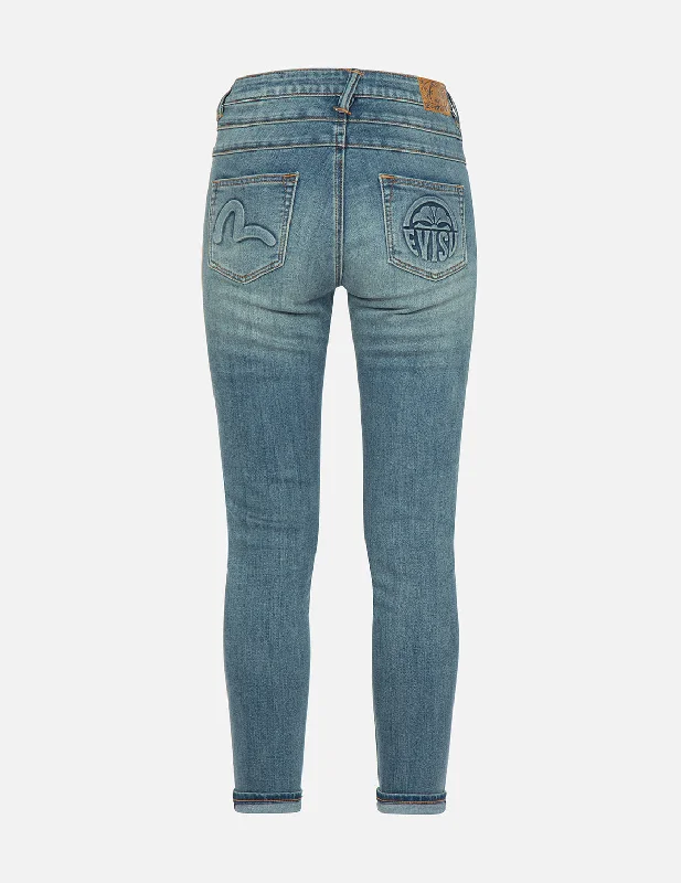 Seagull and Kamon Embossed Skinny Jeans Trendy Paperbag Waist Jeans