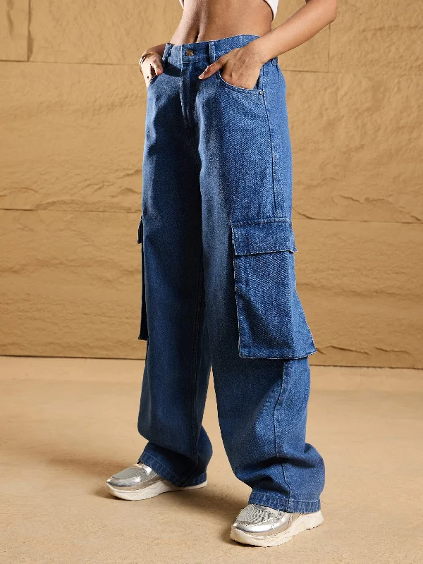 Women Black Washed Box Pockets Straight Fit Jeans Elegant Wide-Leg Jeans