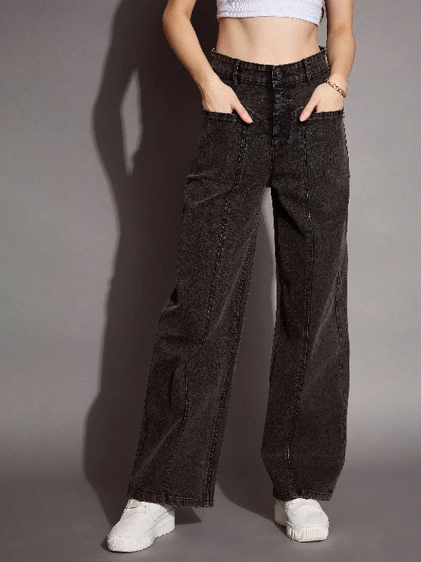 Women Black Wash Front Pocket Straight Fit Jeans Trendy Plus Size Jeans