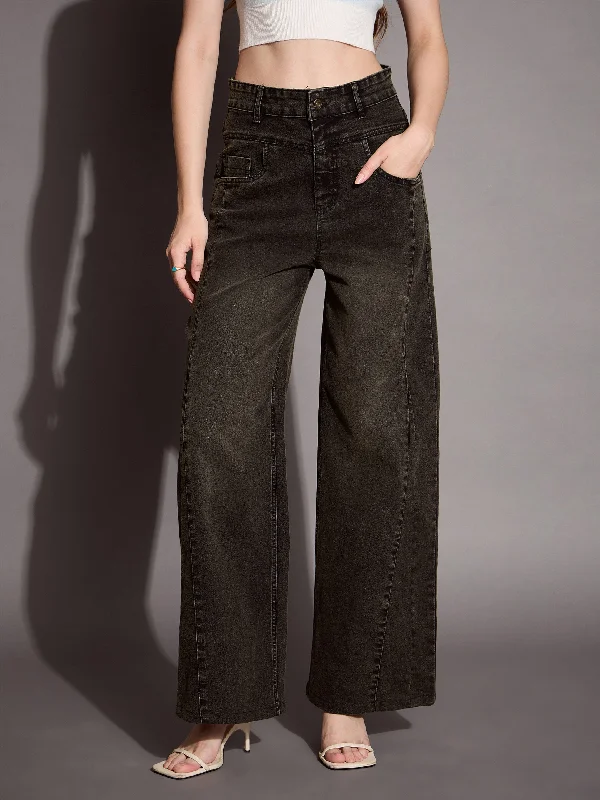 Women Black Wash Front Seam Straight Fit Jeans Stylish Bootcut Denim Jeans