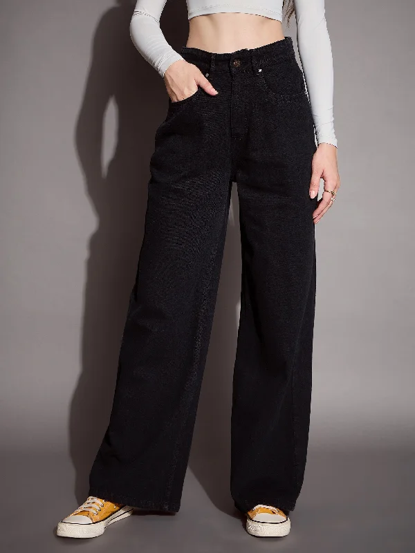 Women Black High Waist Wide Leg Jeans Stylish Paperbag Waist Denim