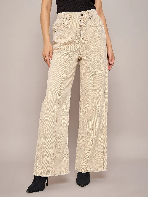 Women Beige Waist Front Dart Straight Jeans Stylish Slim Fit Denim