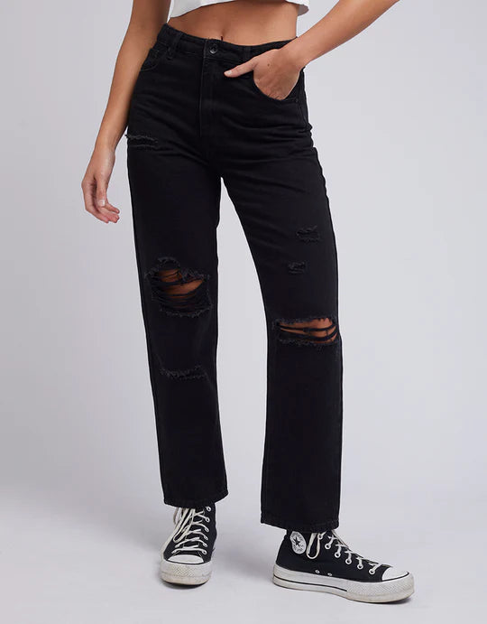 SILENT THEORY Cali Straight Leg Womens Jeans - Destroyed Black Comfortable Low-Rise Jeans