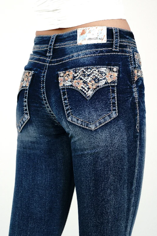 Floral Embroidered Faux Flap Soft Denim Mid Rise  Bootcut Jeans Stylish High-Waist Jeans