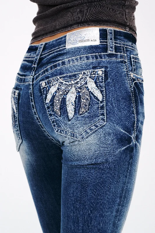 Feather Embroidery Mid Rise  Bootcut Jeans Chic Cropped Jeans