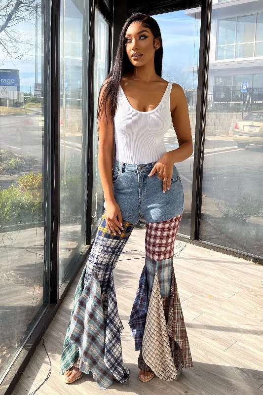 Slow Jams Multi Pattern Plaid Jeans Elegant Dark-Wash Bootcut Jeans