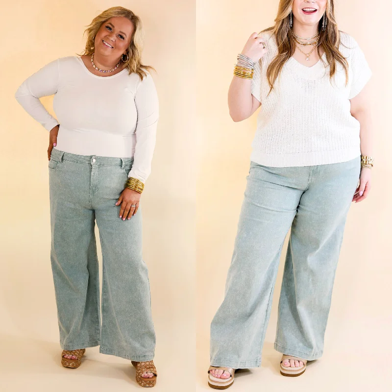 The Best Cropped Wide Leg Jeans in Seafoam Green Comfortable Jogger Style Jeans