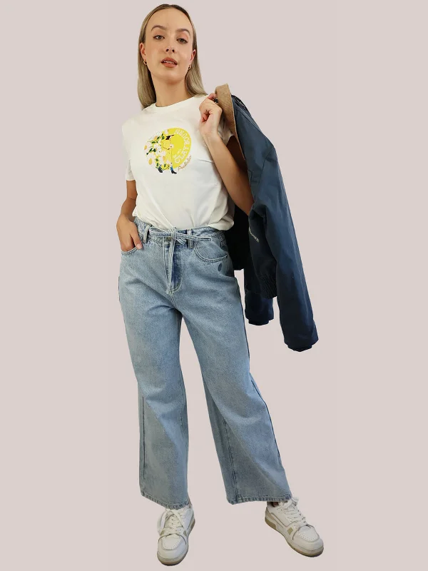 Tie Waist Straight Leg Jeans Stylish Shredded Denim Jeans
