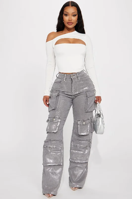 Time To Shine Foil Baggy Cargo Jeans - Silver Elegant Bootcut Fit Jeans