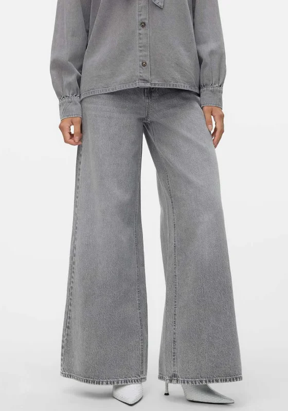 Vero Moda Annet Belted Wide Leg Jeans, Grey Stylish Acid-Wash Jeans
