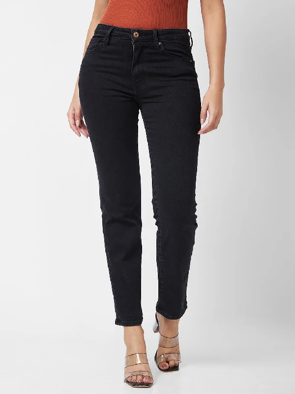 Spykar Mid Rise Slim Straight Fit Black Jeans For Women Classic Button Fly Jeans