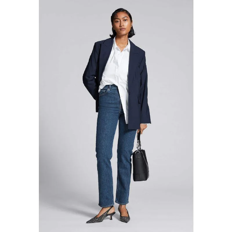Dark Blue Slim Mom Jeans Comfortable Faded High-Rise Jeans