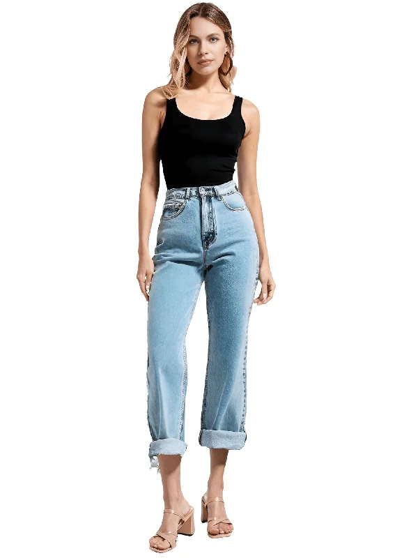 Women's Straight Leg Boyfriend Jeans Comfortable Mid-Rise Jeans