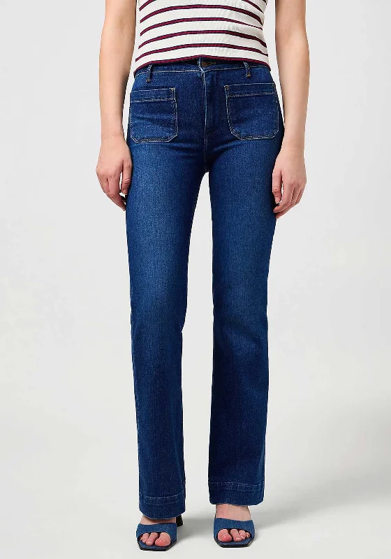 Wrangler High Rise Pocket Detail Flared Jeans, Medium Blue Casual Straight-Leg Jeans Wrangler High Rise Pocket Detail Flared Jeans, Medium Blue Casual Straight-Leg Jeans